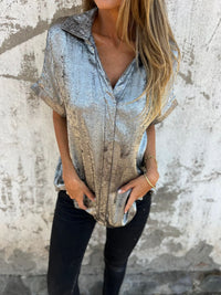 Women's Solid Color Casual Loose Bronzing Short-sleeved Lapel Shirt