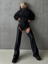 Hollow Pu Leather Pants Women's Loose Straight Black Trousers