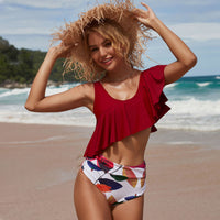 New One Shoulder Bikini Multicolor High Waist Print Swimsuit