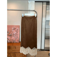 Spring And Summer New Elegant Maillard Retro Coffee Color Hem Lace Skirt