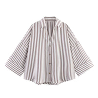 Women's Fashionable Slim-Fit Linen Multi-Color Striped Long-Sleeve Shirt
