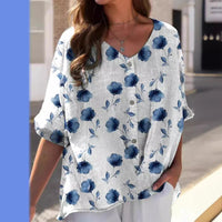 Printed V-neck 5 Points Drop-shoulder Sleeve Cotton And Linen Loose Casual Shirt