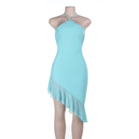 Summer New Halter Neck Lace-Up Ruffle Trim Asymmetric Hem Dress