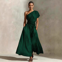 Womens Long One-Shoulder Dress With Neckline And Waist Tie