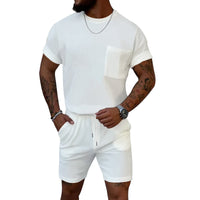 Waffle Round Neck Pocket Short-sleeved Shorts Casual Sports Suit