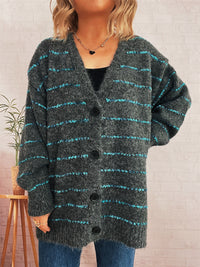 Retro Loose Striped Contrast Color Single-breasted Long Knitted Cardigan Sweater