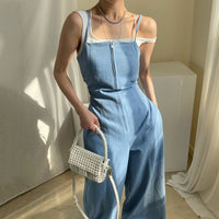 Retro Zipper Design Wide Leg Pants Double Pocket High Waist Straight Sling Jumpsuit Women