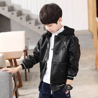 Boys' Casual Hooded Lettered Leather Coat