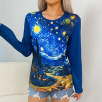 Womens Casual Versatile Loose Fitting Long Sleeve Crew Neck Top With A Starry Sky Design