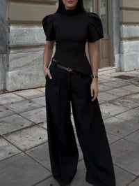Black Turtleneck Puff Sleeve Waist-Cinched Top & High Waist Wide-Leg Pants Set
