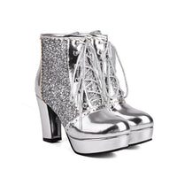 Autumn And Winter Thick Heel Lace-up Sequins Fashion Boots