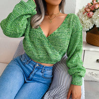 Women Colorful Cross V-Neck Lantern Sleeve Cropped Sweater