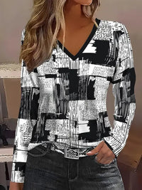 New Stylish Casual Geometric V-Neck Long-Sleeve T-Shirt