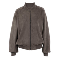Suede American High Street Stand Collar Long Sleeve Bomber Zip Jacket