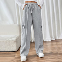 Casual Elastic High-Waist Straight Pants With Patch Pockets