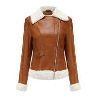 Fleece Leather Jacket Female European Code Warm Long Sleeves Turn-down Collar Coat