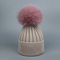 Fox Fur Warm Winter Hat With Ball For Women Child Girl Wool Thick Knitted