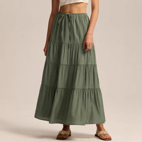 High-waisted Elastic-waist Tie-closure Loose-fit Patchwork Skirt