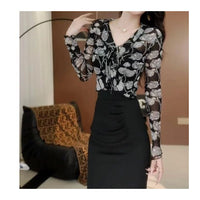 Womens French-print Shirt With V-neck And Long Sleeves