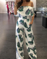 Printed word collar ruffled loose jumpsuit
