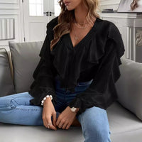 Women's SpringSummer V-neck Flounce Top