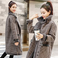 Plaid thickened mid-length faux lamb woolen coat