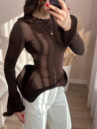 Crew-neck T-shirt With A Solid Color And An Asymmetrical Ruffled Hem