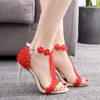 Lace Beaded Stiletto Fish Mouth  Toe Sandals Roman