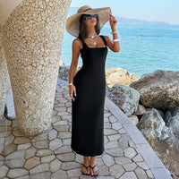 Elegant Square-neck Solid-color Slim-fit Dress For Women