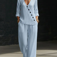 Loose-fitting V-neck Cross-over Shirt And Wide-leg Pants