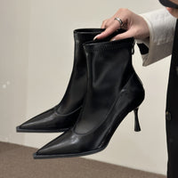 Stiletto-heeled Pointed-toe Chic Soft-leather Ankle Boots With A Back Zipper Korean-style And Versatile