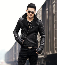 Winter thickened faux fur one jacket suede  lamb hair male slim motorcycle leather jacket F1056