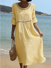 Elegant Casual Crew-Neck Three-Quarter-Sleeve Solid-Color Dress