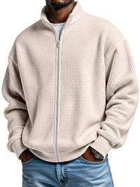 Mens Minimalist Solid-Color Waffle-Weave Stand-Up Collar Zip-Up Jacket