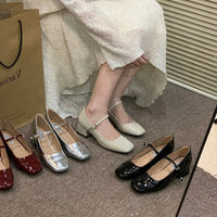 Retro Hong Kong Style Wine Red Chunky Heeled Pumps
