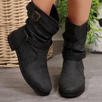 Retro Distressed Barrel Boots With Metal Buckles And Stitched Detailing Mid Calf Length