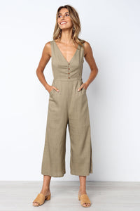 Women's Fashion Pocket Zipper V-Neck Button Backless Jumpsuit
