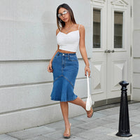 Womens Fitted Midi Skirt With A Flared Fishtail Hem And Patchwork Design