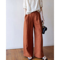 Womens Cotton-Linen Wide-Leg High-Waist Drapey Straight-Cut Casual Pants