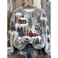 Womens Autumn Winter Christmas Cartoon Puppy Crew-Neck Sweatshirt