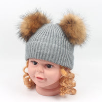 Children's double hair ball curling autumn and winter warm earmuffs knitted hat