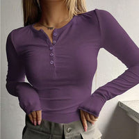 Women's Half Button Threaded Long Sleeve T-shirt