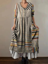 Womens Fashion Off-Shoulder Printed Three-Quarter Sleeve Swing Dress