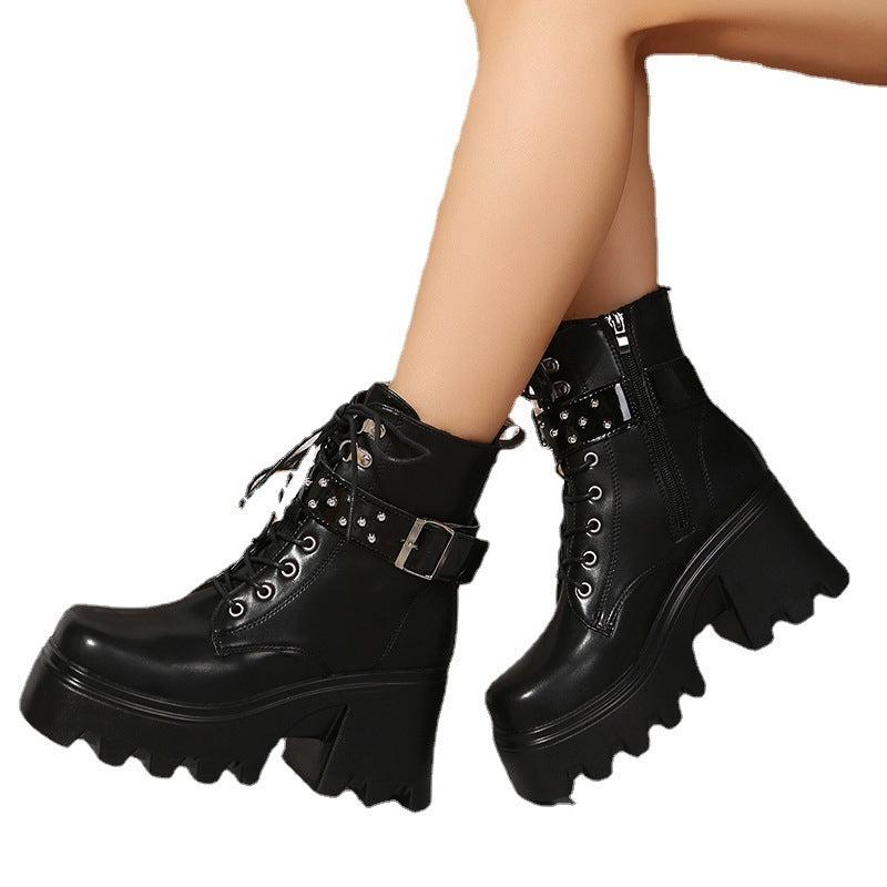 Fashion Round Toe Side Zipper Mid Heel Platform Leather Boots