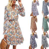 Elegant V-neck Flare-sleeve Floral Long-sleeve Dress