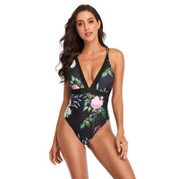 Leaf print lace-up swimsuit