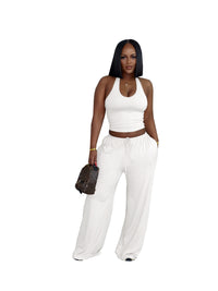 European And American Style Summer Solid Color Casual Halter Top And High-Waist Wide-Leg Pants With Pockets