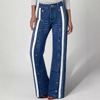 Fashionable Retro Personalized Flared Split Hem Color-Block Wide-Leg Floor-Length Womens Denim Trousers
