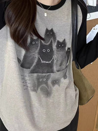 Simple Plus Size American College Style Cat Printing Long-sleeved T-shirt Top