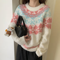 Loose Round Neck Contrast Jacquard Long Sleeve Knitted Top